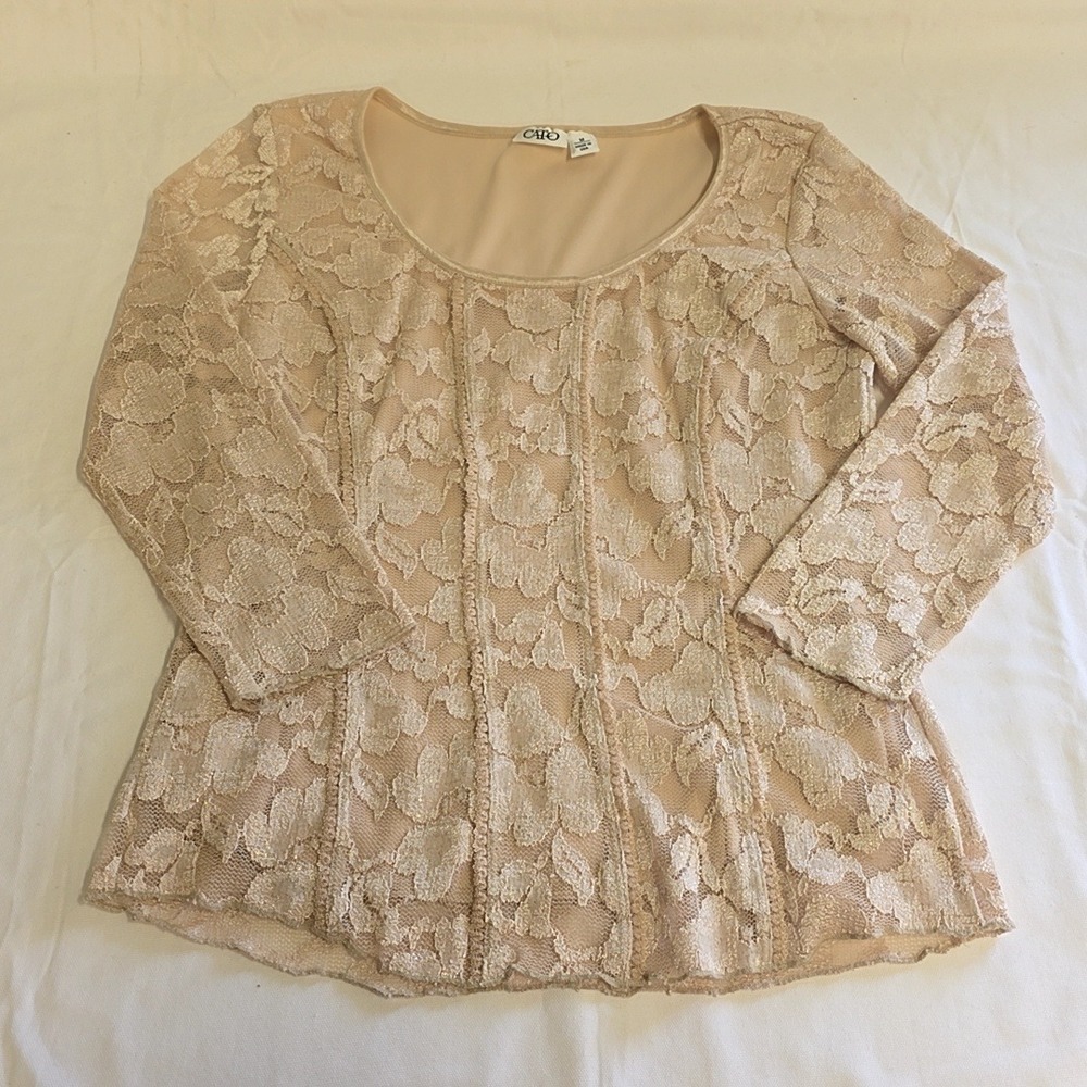 Y2k Cato Lace Blouse Women M Beige Floral 3/4 Sleeve Metallic Scoop Neck Top